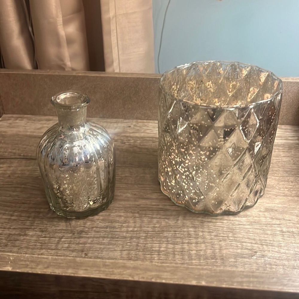 Large vintage hurricane mercury glass candle holder & vase.